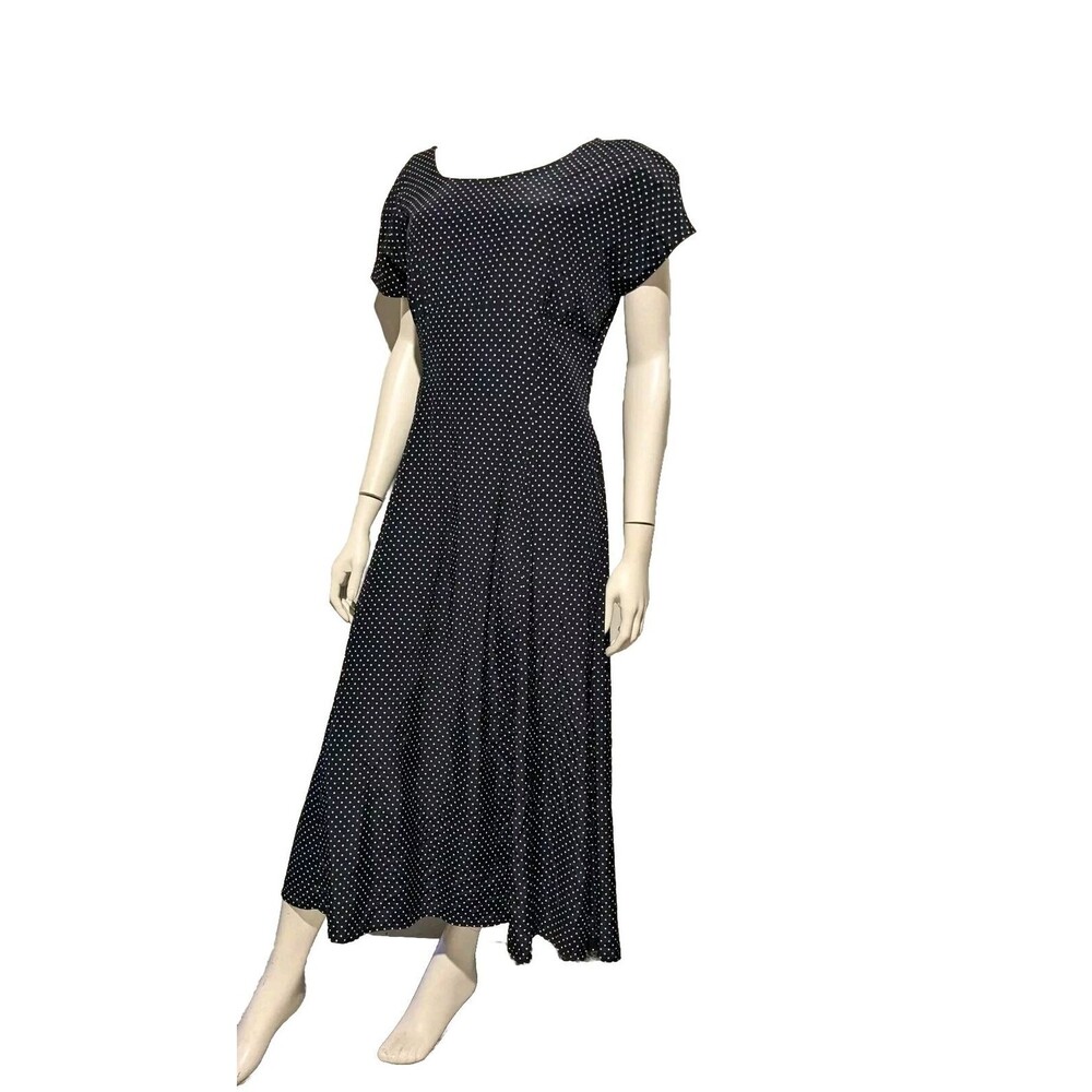 Vintage 80s Does 50s Dress Empire Waist Navy Blue Polka Dot Open Back Tie S/M